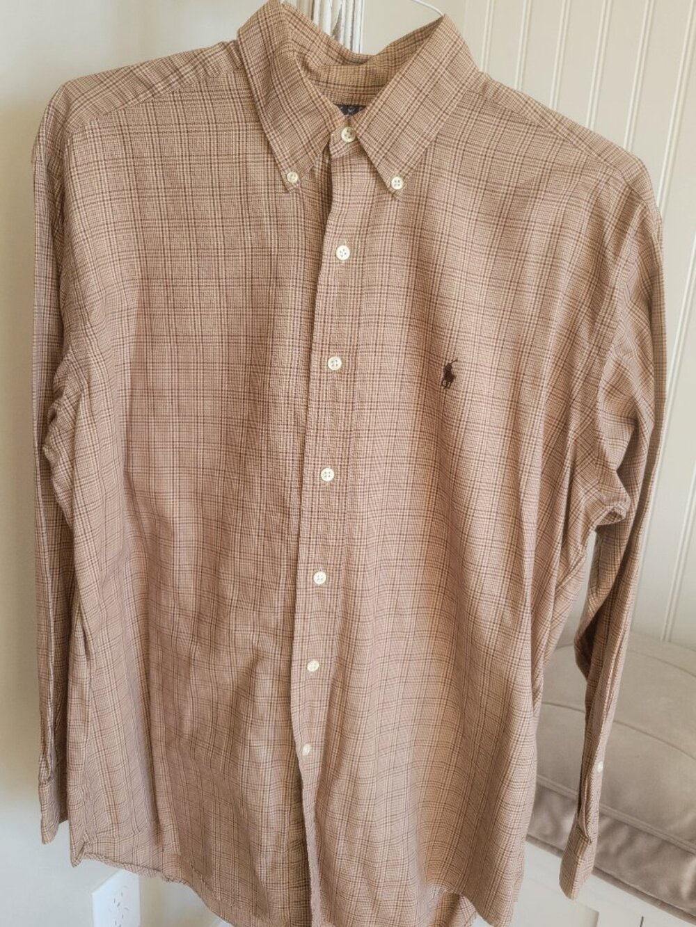 Men’s Ralph Lauren Blake Shirt Medium Brown Cream Plaid Button Up Long Sleeve